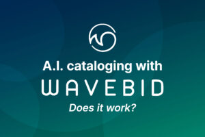 wavebid logo. text reads ai cataloging with wavebid does it work? blue to green gradient background