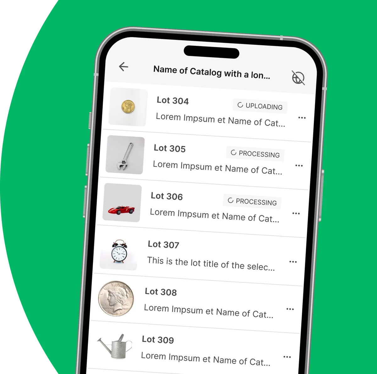 AuctionWriter mobile app showing catalog lots
