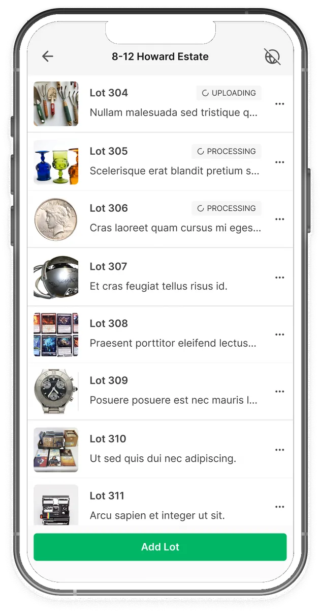 Mobile catalog list showing lots uploading and syncing